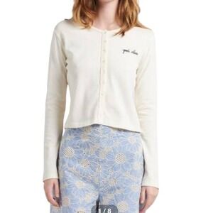 MAISON LABICHE Paris "Good Vibes" Embroidered Organic Cotton Cream Cardigan L